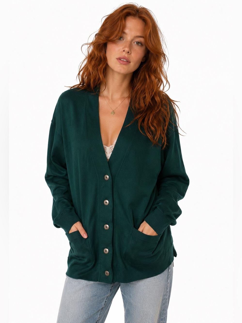 Vintage 90s Forest Green Oversized Cardigan Sweatshirt Jacket Shoulder Pads